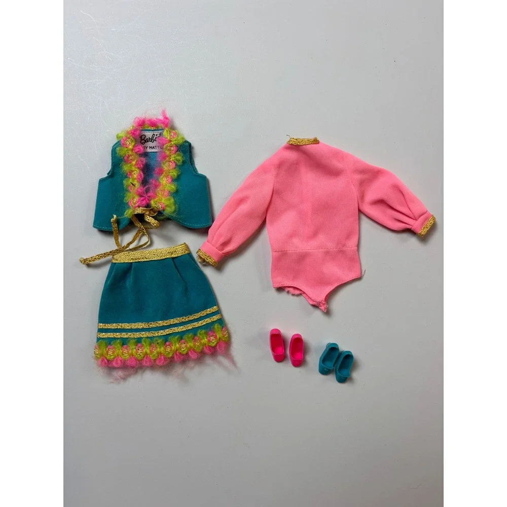 Barbie Doll Clothes Set OS Pink Teal Vintage Mod Outfit Shoes Vest Skirt Suit
